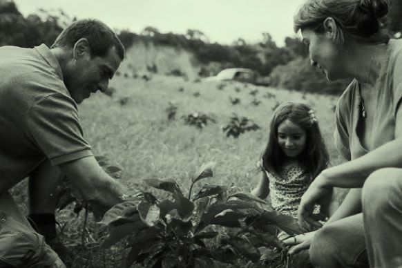Três pessoas, dois adultos e uma criança, trabalham juntas num campo, inclinadas sobre uma planta jovem; o homem à esquerda mexe na terra, a mulher à direita observa sorridente e a menina ao centro olha curiosa para a planta, num ambiente rural ao ar livre.